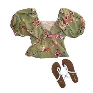NWT ESSUE Green Floral Puff Sleeve w/ Front Tie Women S Small